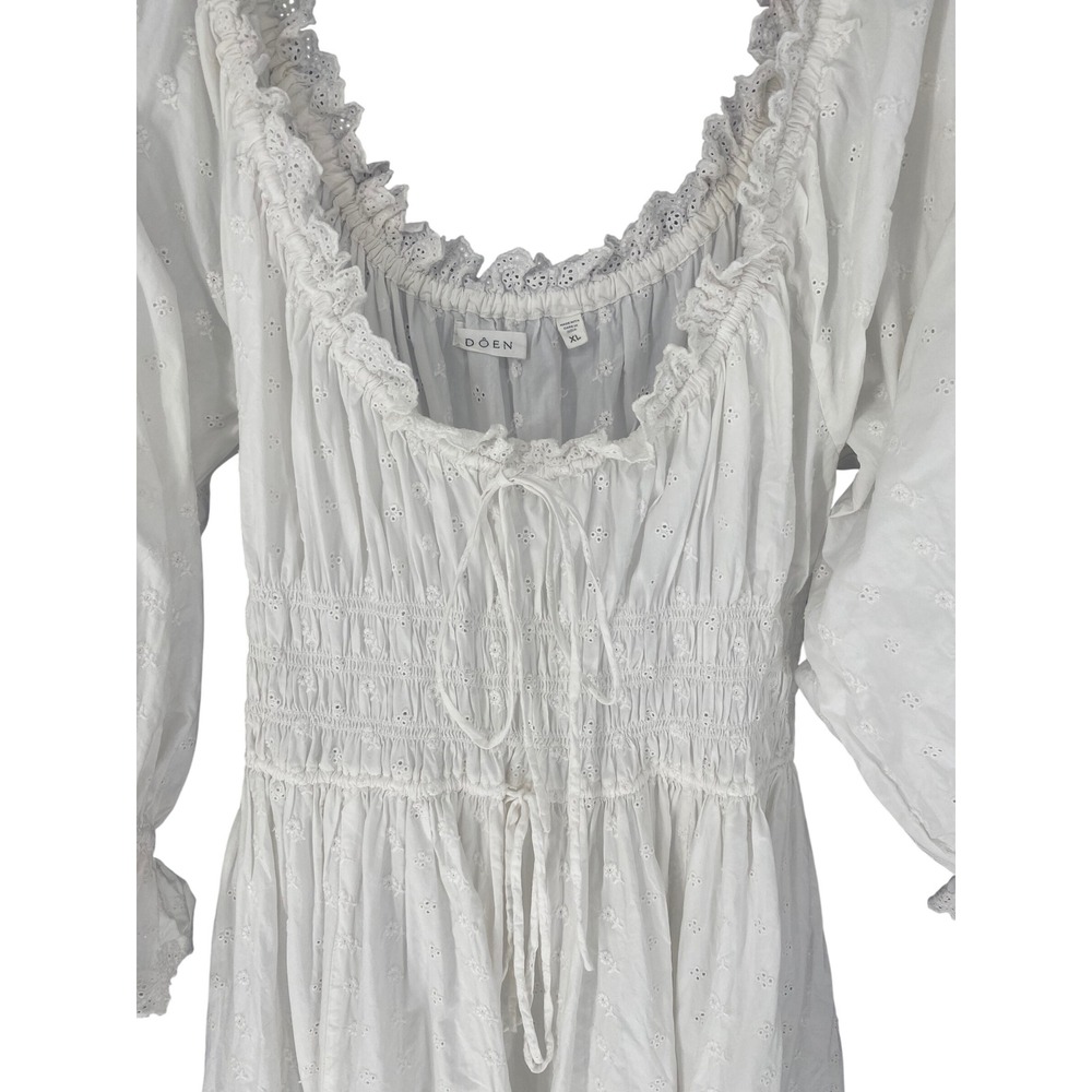 Doen Isolde Midi Dress Salt White Eyelet Cotton Smocked Puff Sleeve Womens XL - Picture 9 of 16